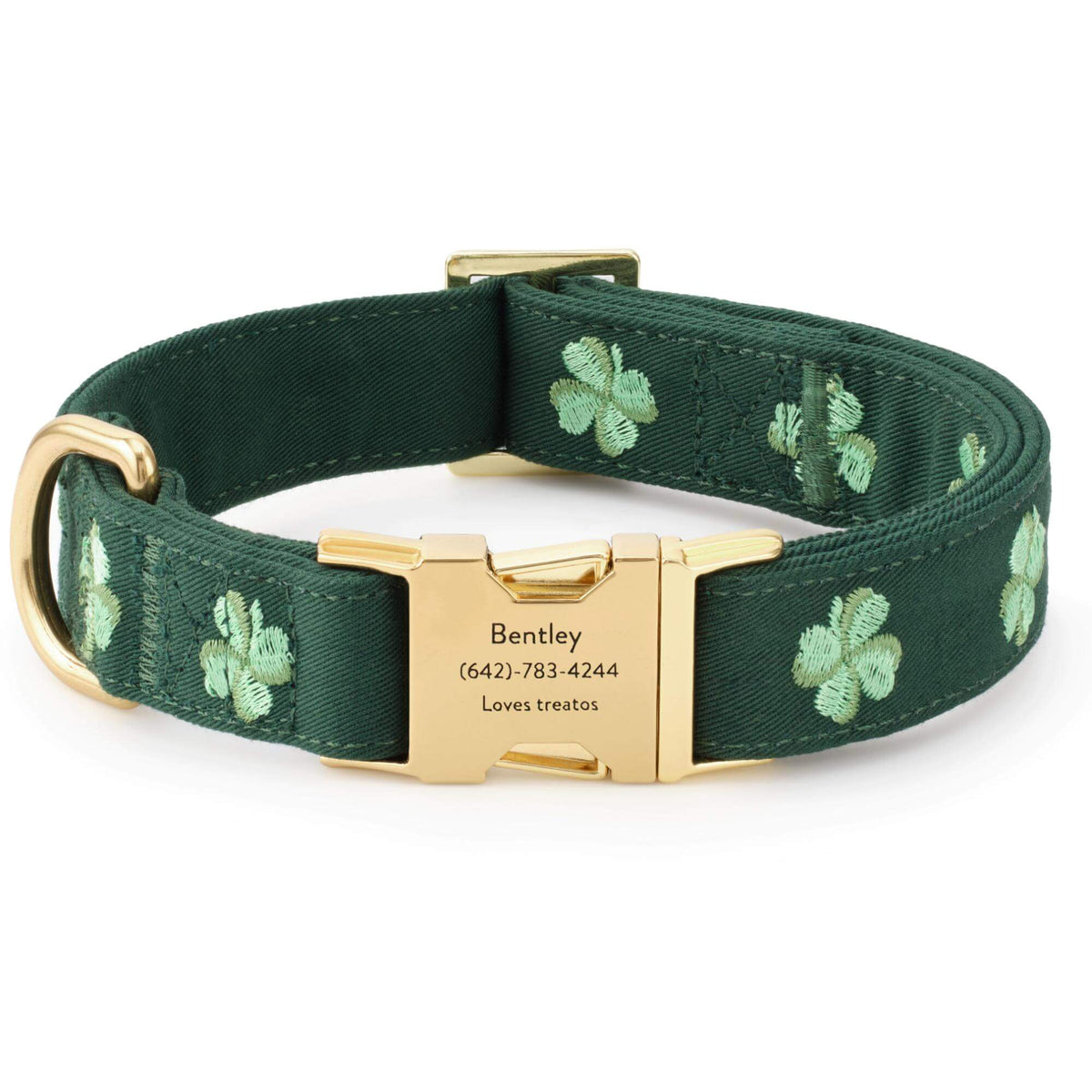 Green Clover Embroidered Dog Collar with Metal Hardware