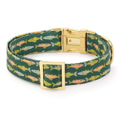Green Fish Print Cotton Dog Collar with Brass D-Ring