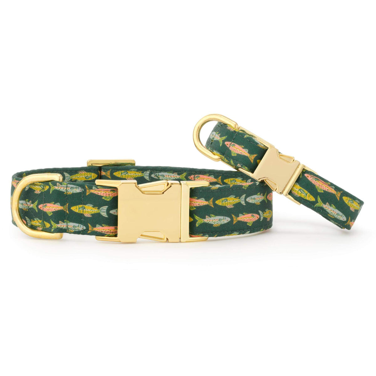 Green Fish Print Cotton Dog Collar with Brass D-Ring