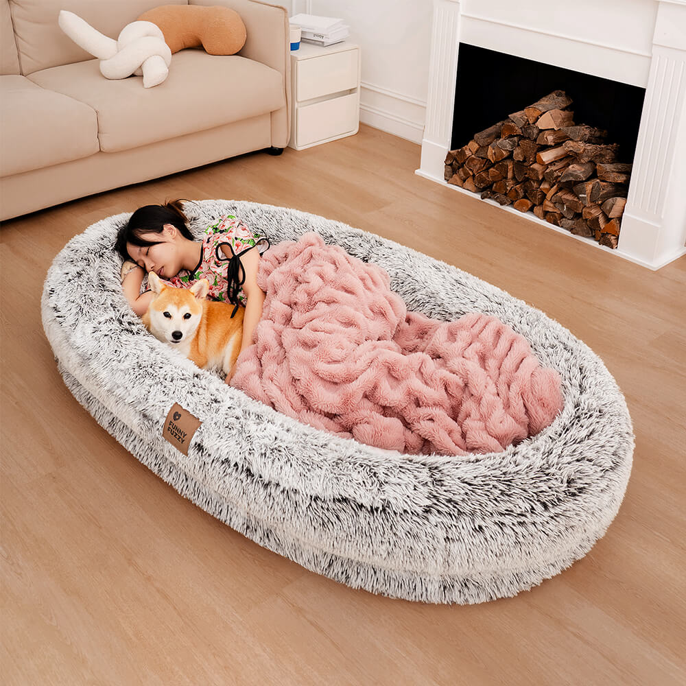 Extra-Large Oval Faux Fur Dog Bed with Throw Blanket, Grey or Brown