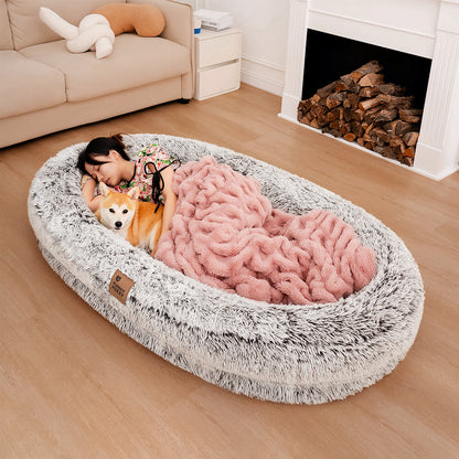 Extra-Large Oval Faux Fur Dog Bed with Throw Blanket, Grey or Brown