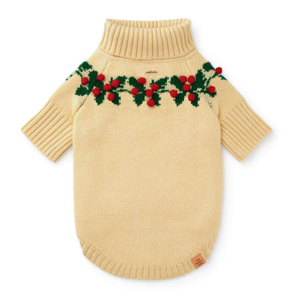 Cream Holly Berry Knit Turtleneck Dog Sweater with Leash Opening