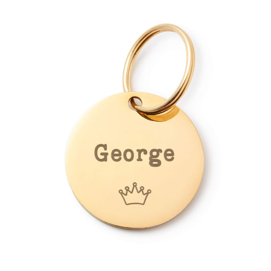 Gold Crown Circle Pet ID Tag, Stainless Steel
