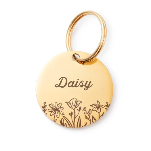 Round Wildflower Pet ID Tag, Gold-Tone Stainless Steel