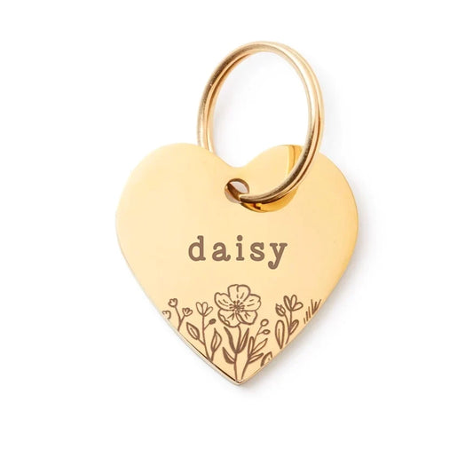 Heart Shaped Wildflower Pet ID Tag, Gold-Tone Stainless Steel