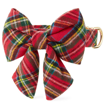 Red Tartan Plaid Flannel Dog Collar with Removable Lady Bow