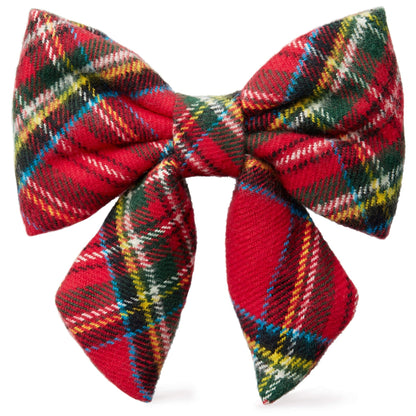 Red Tartan Plaid Flannel Dog Bow, Sailor Style Collar Attachment