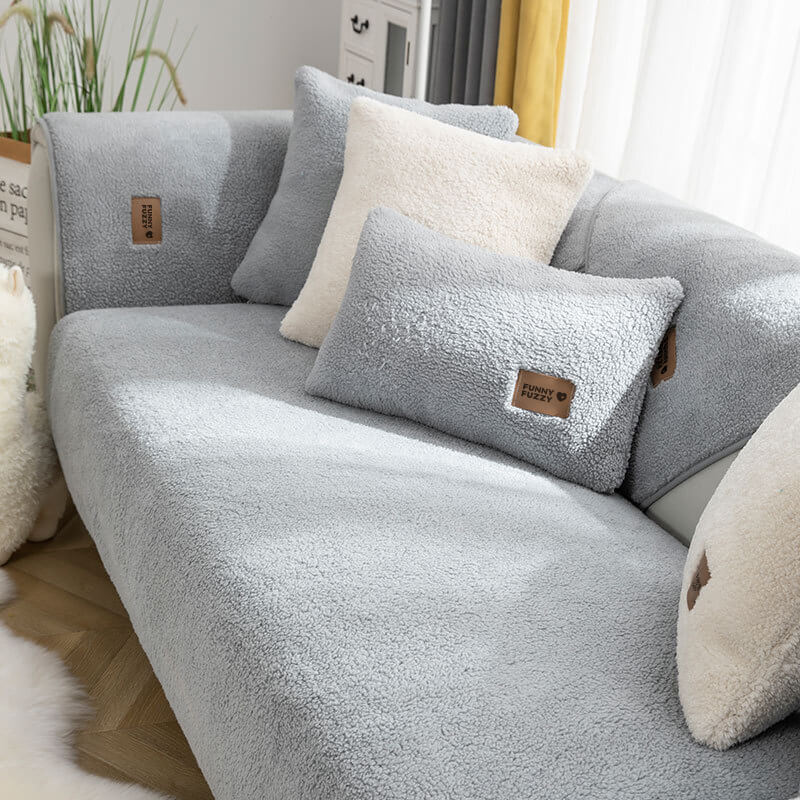 Waterproof Faux Sherpa Fleece Couch Cover with Non-Slip Back