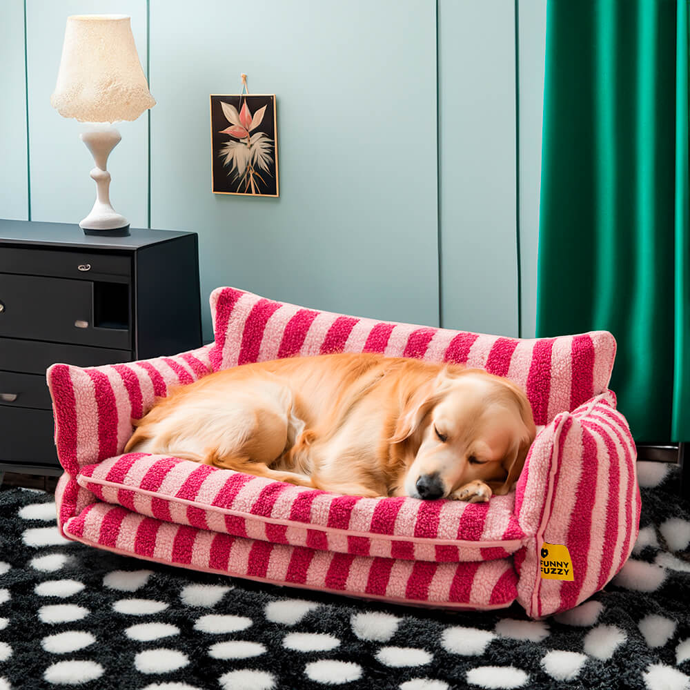 Striped Faux Lambswool Dog and Cat Sofa Bed with Removable Cushion