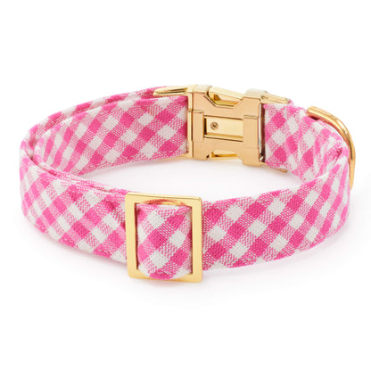 Hot Pink Gingham Cotton Dog Collar with Gold Hardware