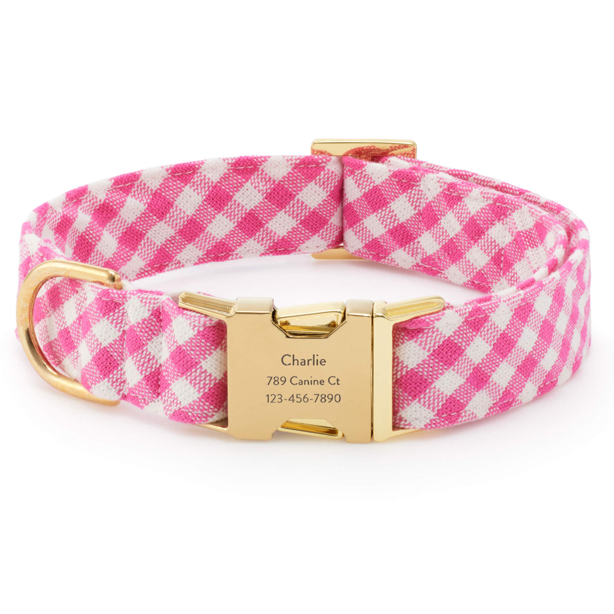 Hot Pink Gingham Cotton Dog Collar with Gold Hardware