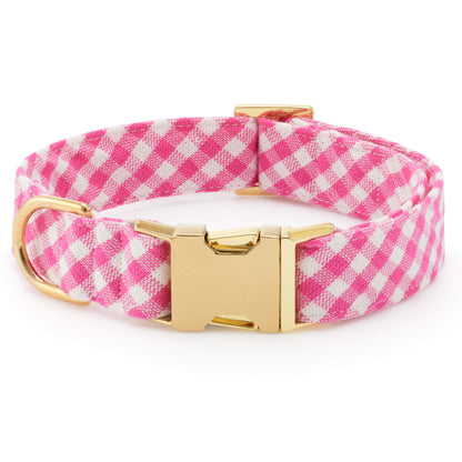 Hot Pink Gingham Cotton Dog Collar with Gold Hardware