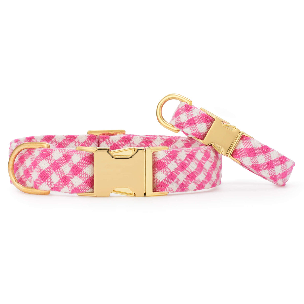 Hot Pink Gingham Cotton Dog Collar with Gold Hardware
