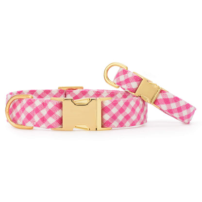 Hot Pink Gingham Cotton Dog Collar with Gold Hardware