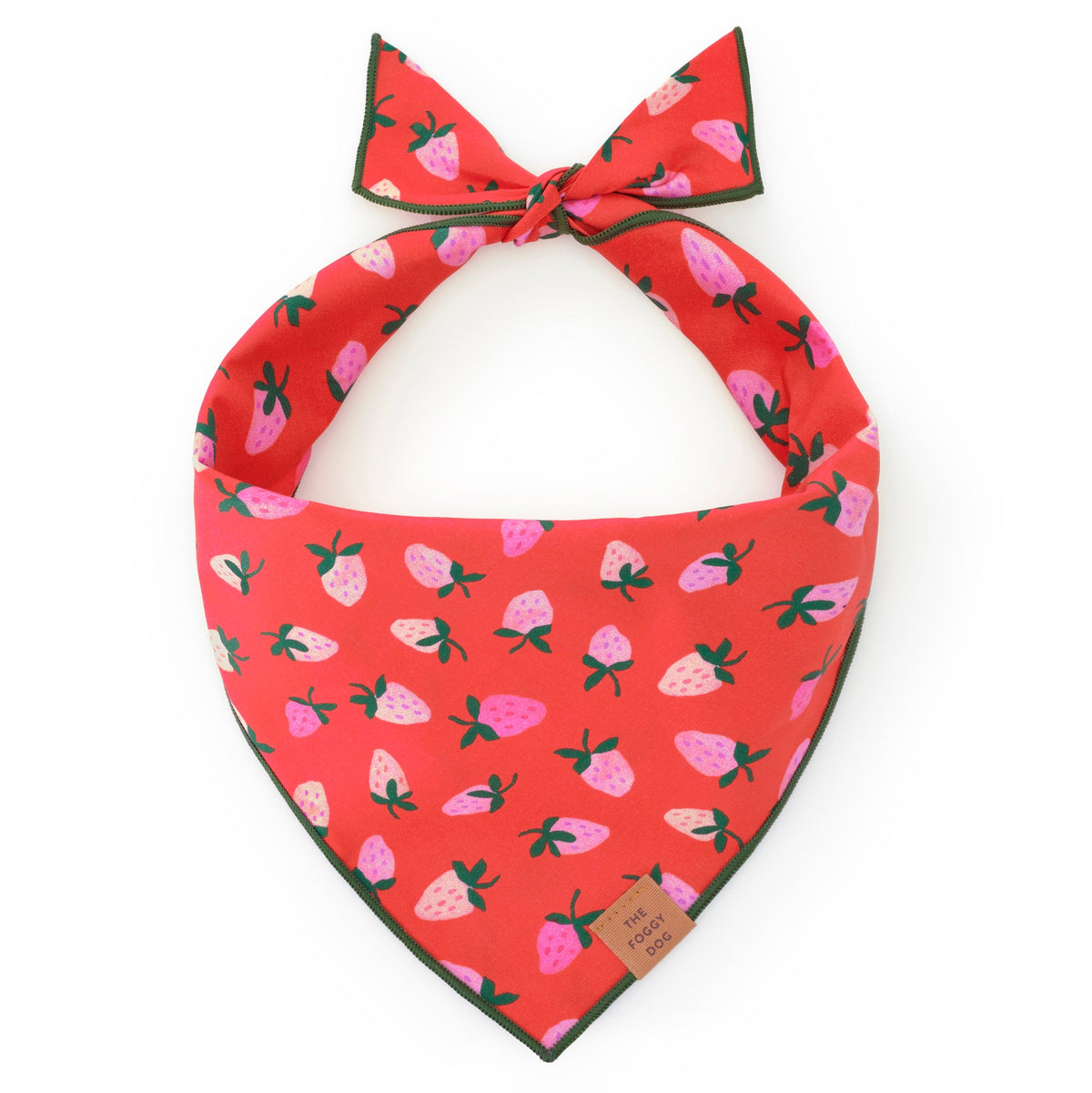Red Strawberry Print Tie-On Dog Bandana with Dark Green Hem