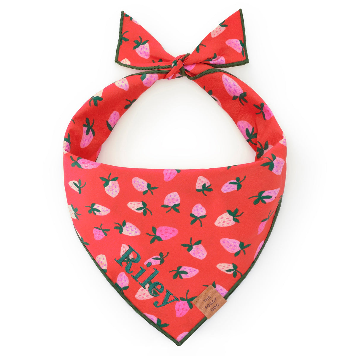 Red Strawberry Print Tie-On Dog Bandana with Dark Green Hem
