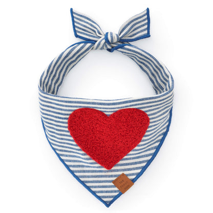 Red Heart Applique Dog Bandana with Blue Stripes and Blue Hem