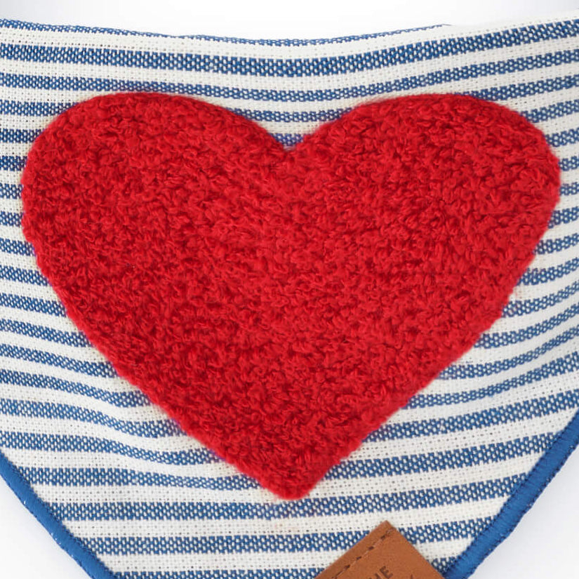 Red Heart Applique Dog Bandana with Blue Stripes and Blue Hem