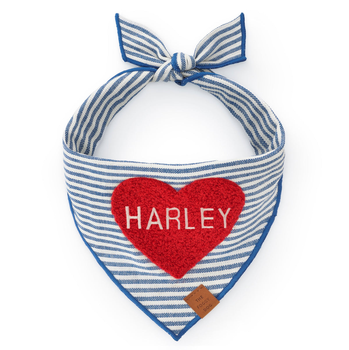 Red Heart Applique Dog Bandana with Blue Stripes and Blue Hem
