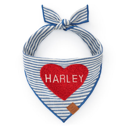 Red Heart Applique Dog Bandana with Blue Stripes and Blue Hem