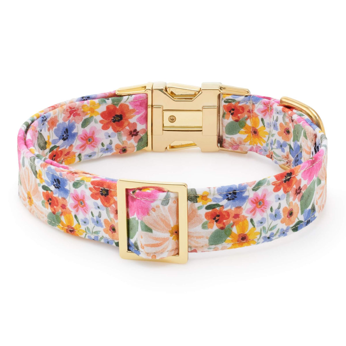 Pink Floral Cotton Dog Collar with Gold Hardware