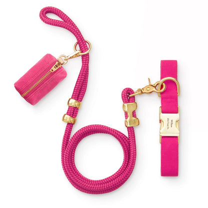 Hot Pink Cotton Dog Collar and Rope Leash Walk Set with Bag Holder