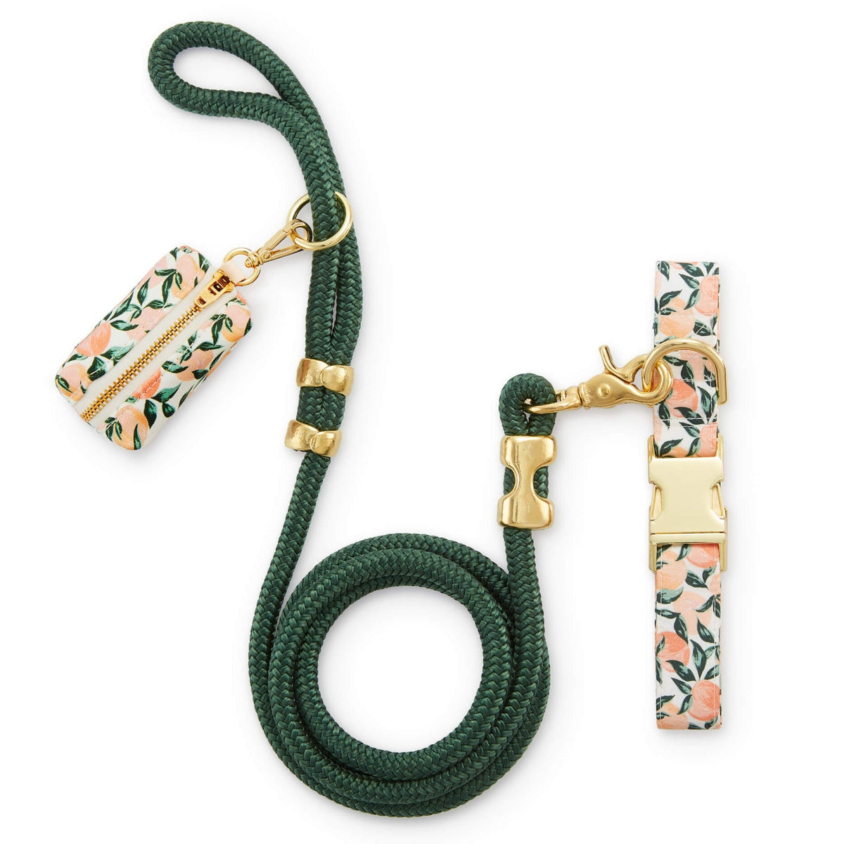 Peach Floral Cotton Dog Collar and Green Rope Leash Walk Set