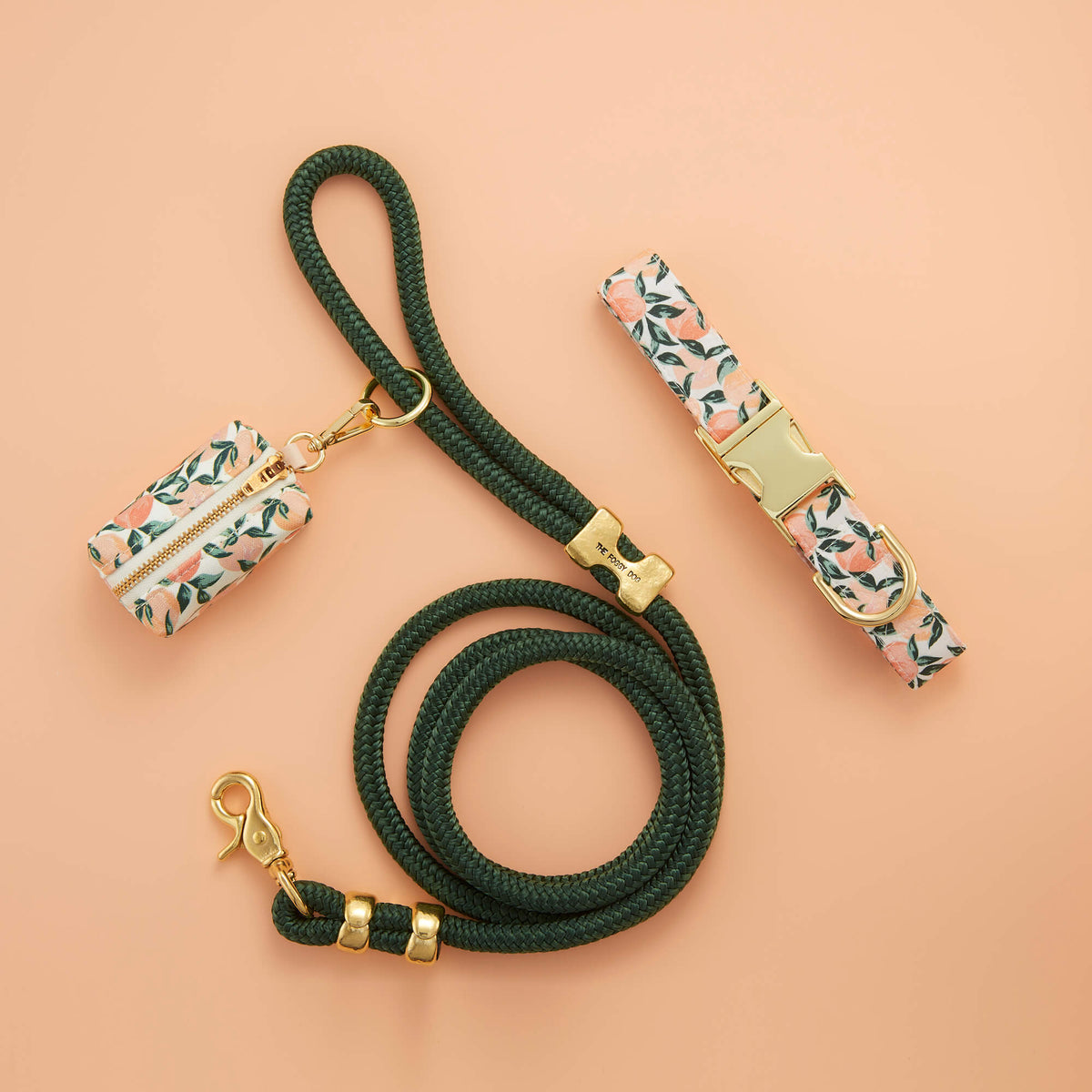 Peach Floral Cotton Dog Collar and Green Rope Leash Walk Set