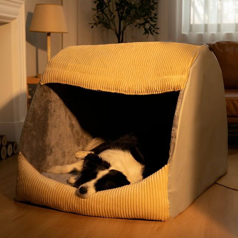 Khaki or Grey Flannel Dog Tent Bed, Semi-Enclosed and Washable