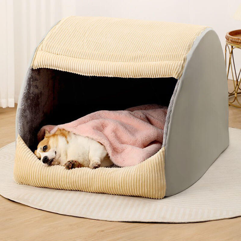 Khaki or Grey Flannel Dog Tent Bed, Semi-Enclosed and Washable
