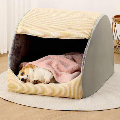 Khaki or Grey Flannel Dog Tent Bed, Semi-Enclosed and Washable