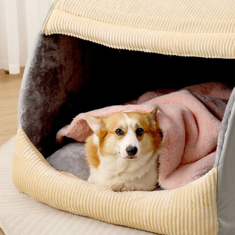 Khaki or Grey Flannel Dog Tent Bed, Semi-Enclosed and Washable
