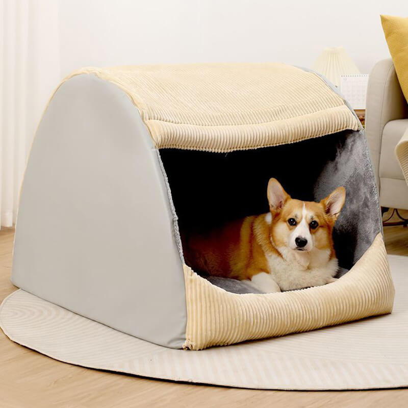 Khaki or Grey Flannel Dog Tent Bed, Semi-Enclosed and Washable