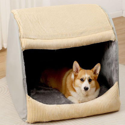 Khaki or Grey Flannel Dog Tent Bed, Semi-Enclosed and Washable