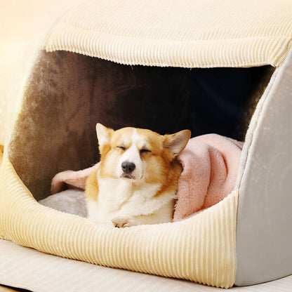 Khaki or Grey Flannel Dog Tent Bed, Semi-Enclosed and Washable