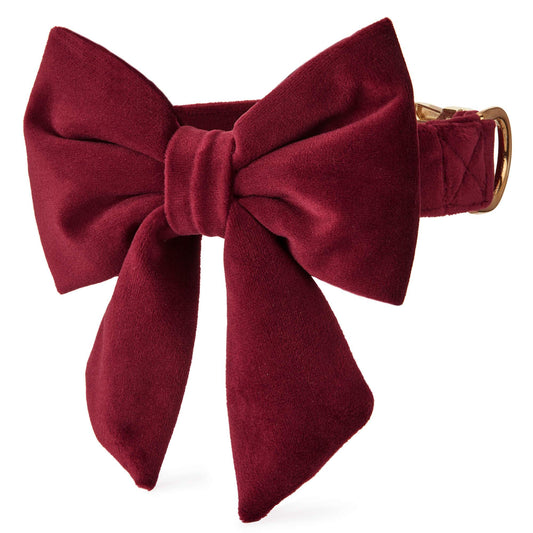Burgundy Velvet Dog Collar with Removable Lady Bow