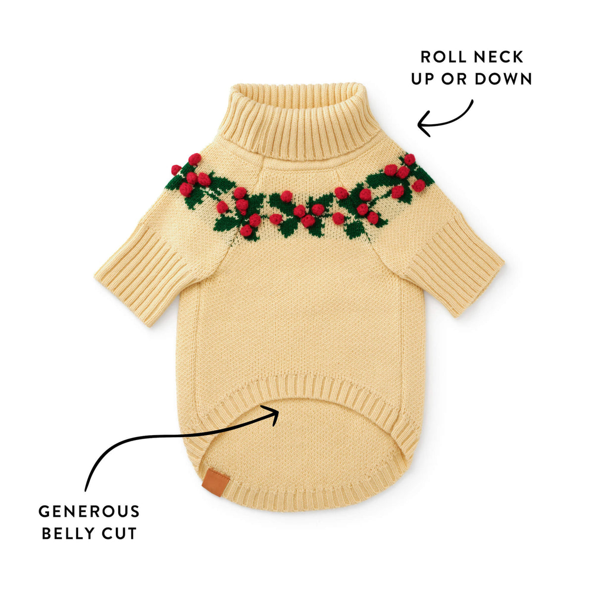 Cream Holly Berry Knit Turtleneck Dog Sweater with Leash Opening