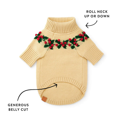 Cream Holly Berry Knit Turtleneck Dog Sweater with Leash Opening