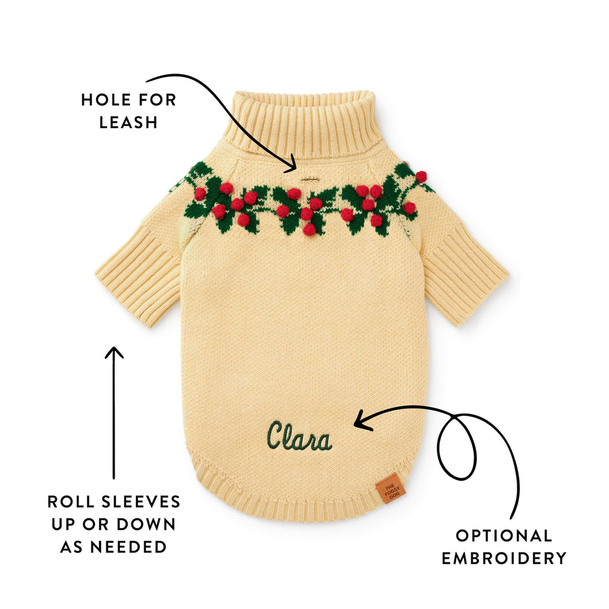 Cream Holly Berry Knit Turtleneck Dog Sweater with Leash Opening