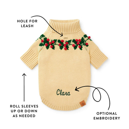 Cream Holly Berry Knit Turtleneck Dog Sweater with Leash Opening