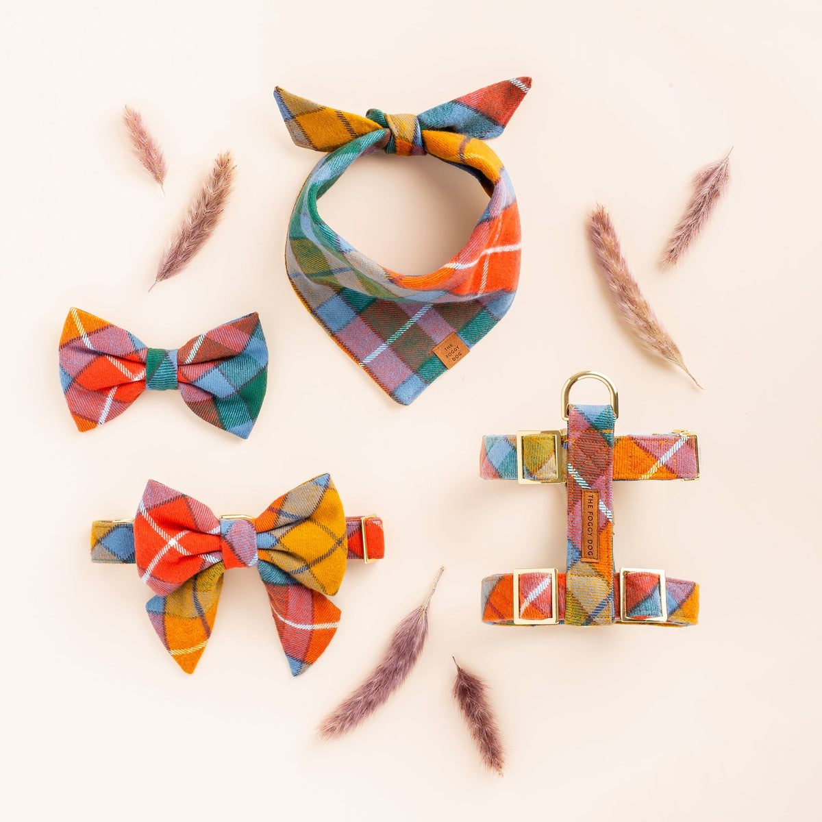 Orange & Blue Plaid Flannel Dog Collar with Gold Hardware