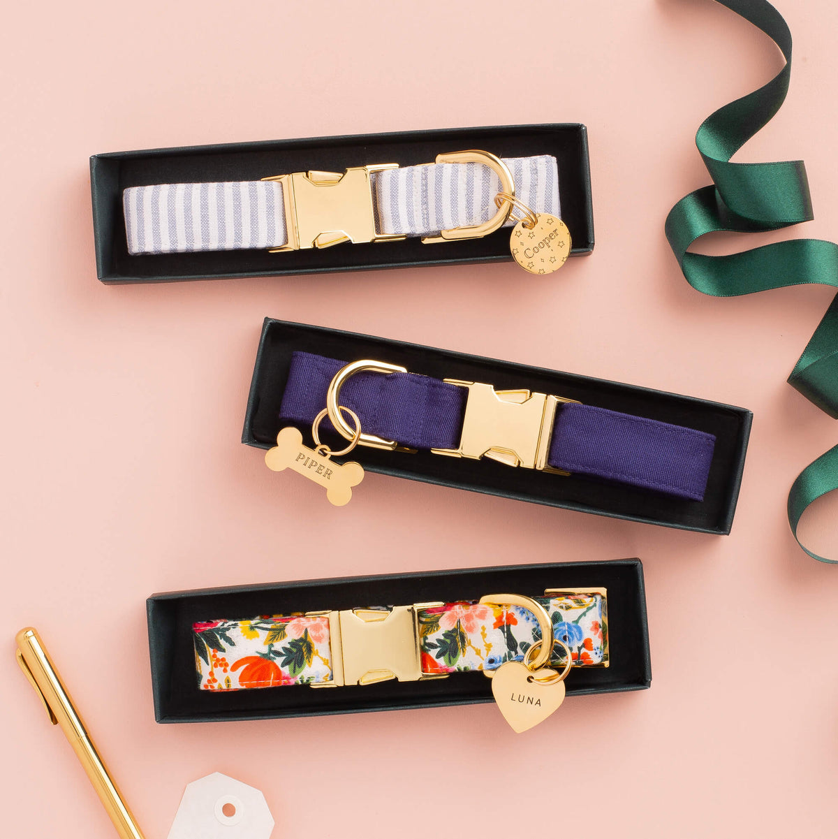 Navy Blue Cotton Dog Collar with Brass D-Ring