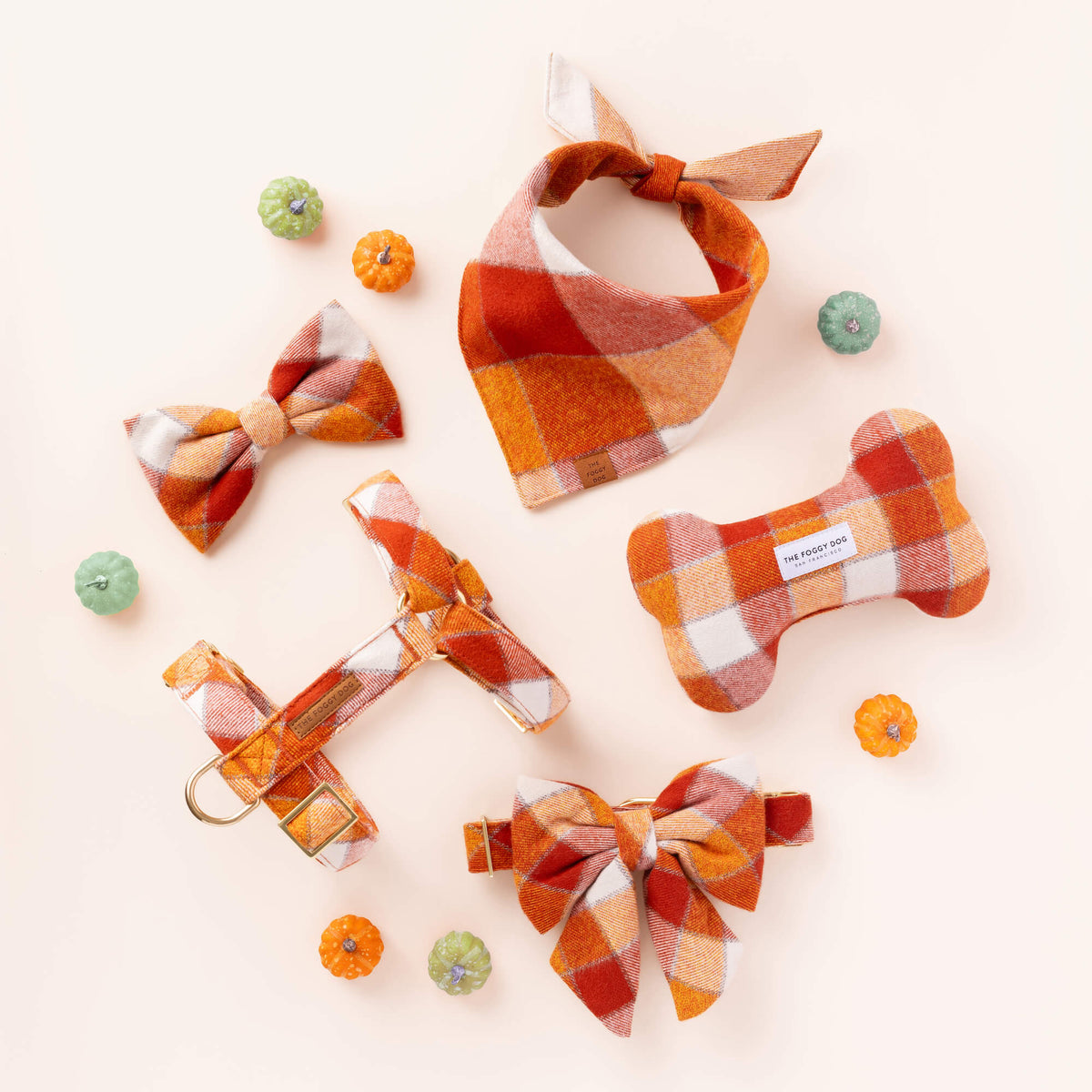 Orange & Cream Plaid Flannel Dog Collar with Gold Hardware