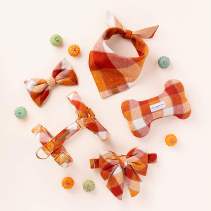 Orange & Cream Plaid Flannel Dog Collar with Gold Hardware