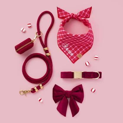 Burgundy Velvet Dog Collar with Gold Hardware