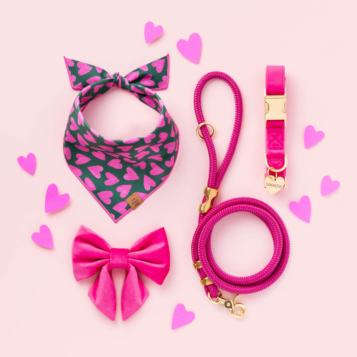 Hot Pink Velvet Dog Collar with Removable Lady Bow