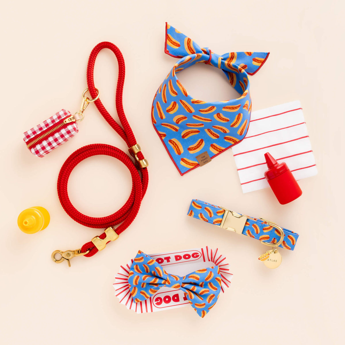 Blue Hot Dog Print Dog Bandana with Red Merrow Hem