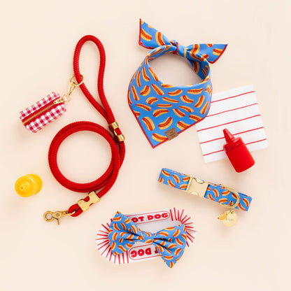 Blue Hot Dog Print Dog Bandana with Red Merrow Hem