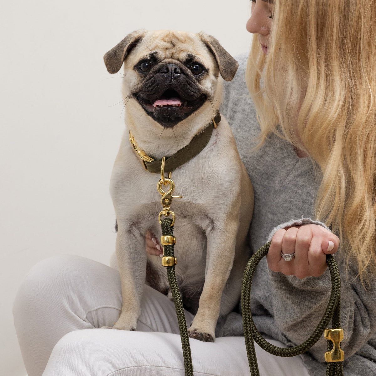 Olive Green Cotton-Linen Dog Collar and Rope Leash Walk Set