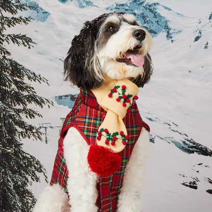 Cream Holly Bobble Knit Pull-Through Dog Scarf with Vegan Leather Tag